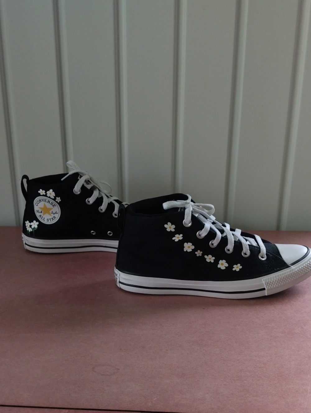 Converse Unisex Adult Sized Black High-Top Sneakers with White & Yellow Daisy